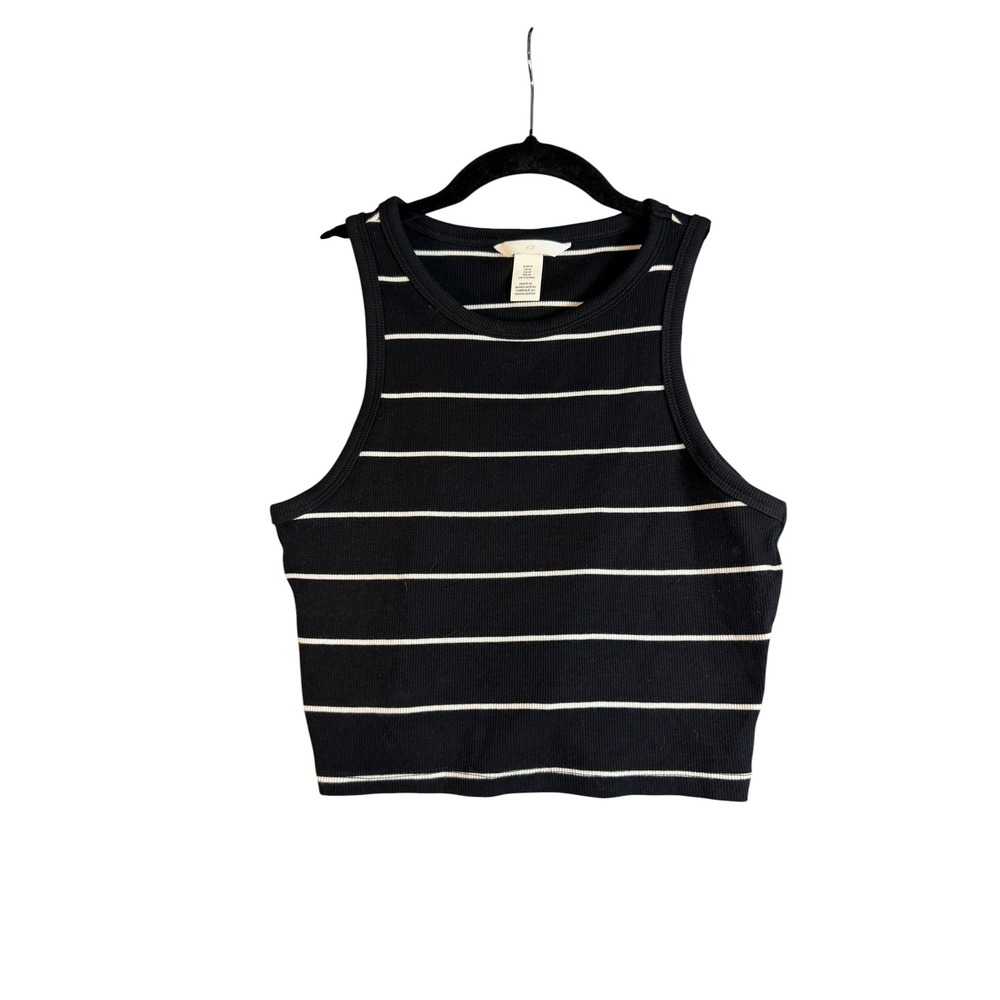 HM Black White Striped Ribbed Knit Crop Top Racerback Tank Sleeveless Medium